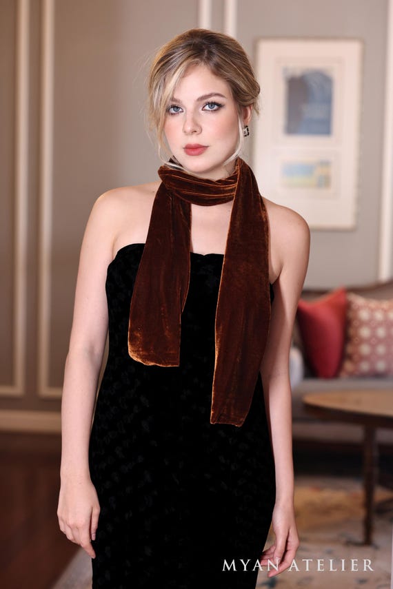 Velvet Neck Scarf Woman in 45+ Colors, Long Velvet Scarf, Brown