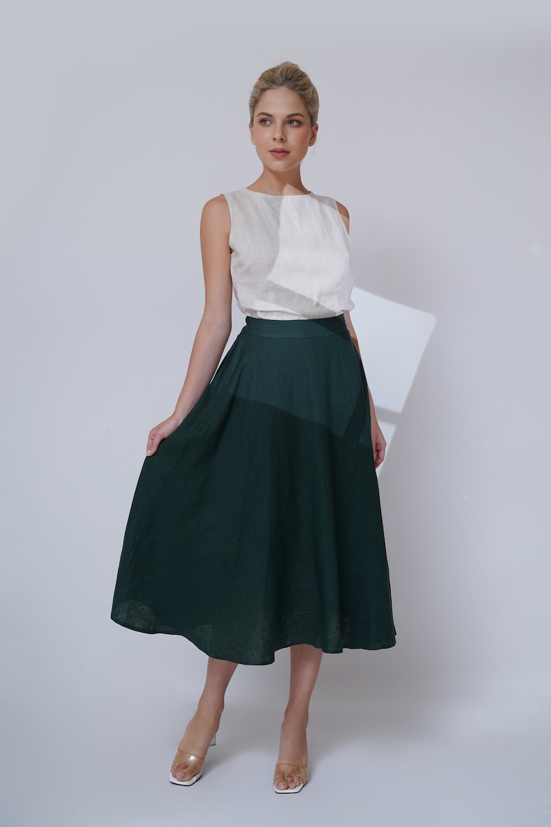 Dark turquoise linen circle skirt, Maxi length skirt, Button front skirt, oversize linen skirt with button closure, linen skirt with pockets 画像 4