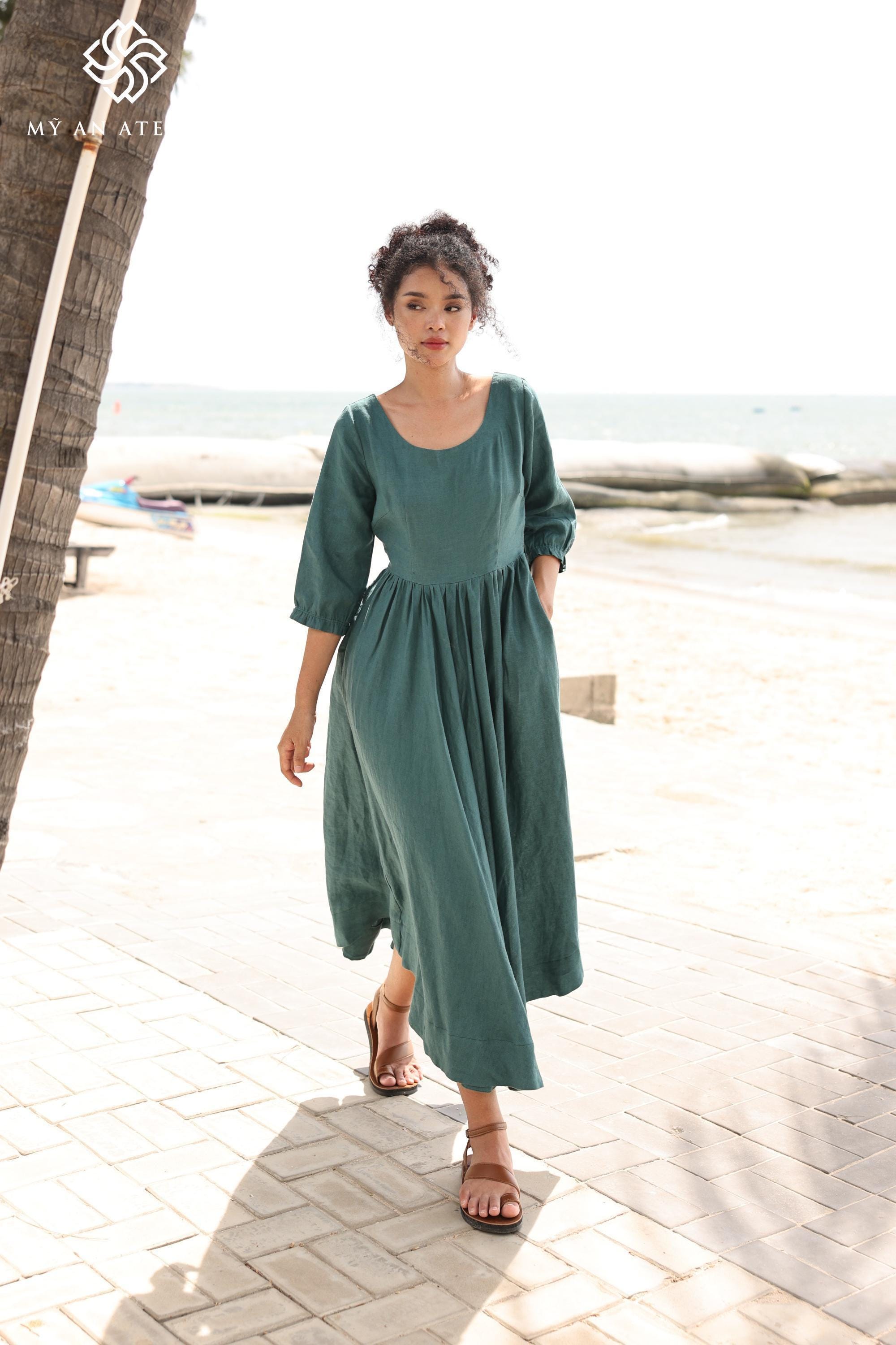3/4 Sleeve Scoop Neck Linen Dress BRUNO, Wedding Guest Dress, Custom Fit - Etsy Israel 3/4 Sleeve Scoop Neck Linen Dress BRUNO, Wedding Guest Dress, Custom Fit - Etsy Israel