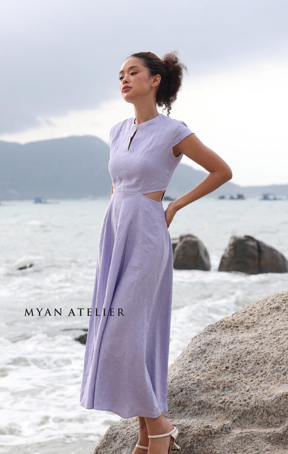 Cap Sleeve Round V-neckline Midi Linen Dress MILINA, Wedding Guest Dress, Custom Fit - Etsy Israel Cap Sleeve Round V-neckline Midi Linen Dress MILINA, Wedding Guest Dress, Custom Fit - Etsy Israel