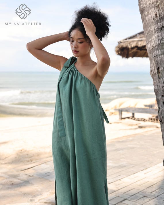 white linen strap dress Buttoned Linen Dress With Tie Straps & Ruffled Hem XS / White main image 0