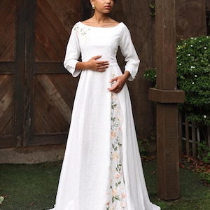 Boho linen wedding dress OLIVIA, Wedding dress with embroidery, Custom wedding dress, Simple wedding dress, Floral embroidery wedding dress