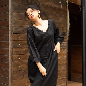 Long sleeve linen dress RAINA, Linen V neck dress, Button front dress, Summer linen dress, Boho linen dress, Linen dress women, Custom dress