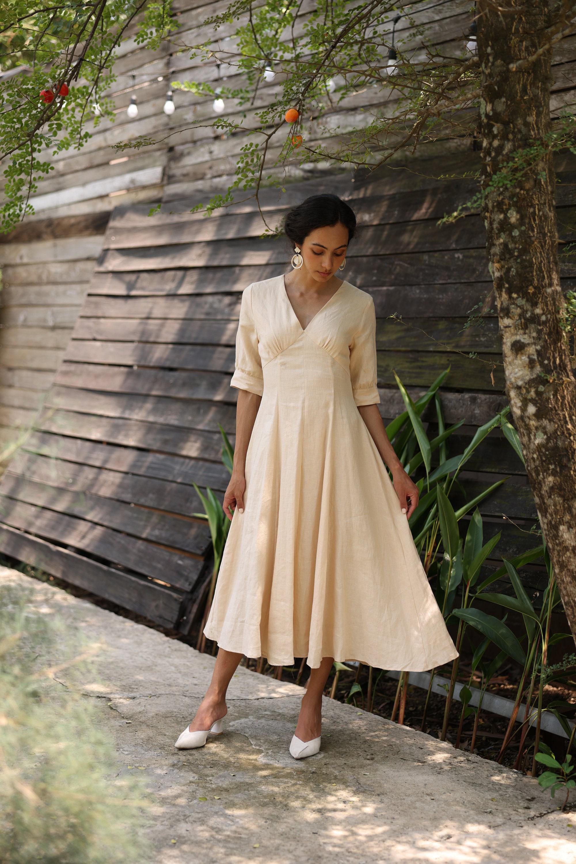 mariana linen dress A-line Silhouette V-neck Linen Dress MARIANA, Wedding guest dress, Custom fit