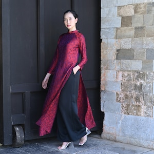 Vietnamese bridal dress, Red silk ao dai wedding, Traditional dress of Vietnamese, Vietnamese dress with pants, Plus size ao dai AS48