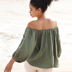 Puff sleeve linen blouse LUNI, Summer linen top, Minimalist linen blouse, Natural linen top for woman, Vacation linen top, Oversize top