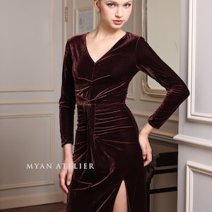 V-neck velvet gown SOLIA, Ruched waist velvet dress, Long sleeve velvet dress, Velvet dress women, Custom dress, Petite velvet dress