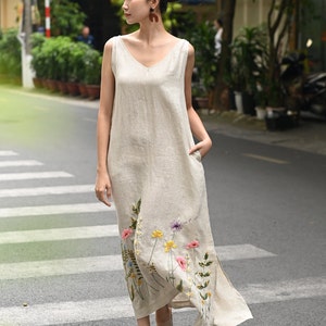 Handmade Embroidery Linen Dress CELINE, Long Sleeves Linen Handmade Embroidery Linen Dress CELINE, Long Sleeves Linen