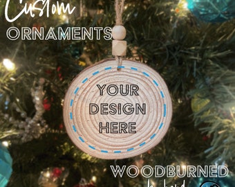 Custom Wood Burned Ornament | Rustic Bark Wood Circle | Natural sketch Art | Create Your Own Design | Add a Name