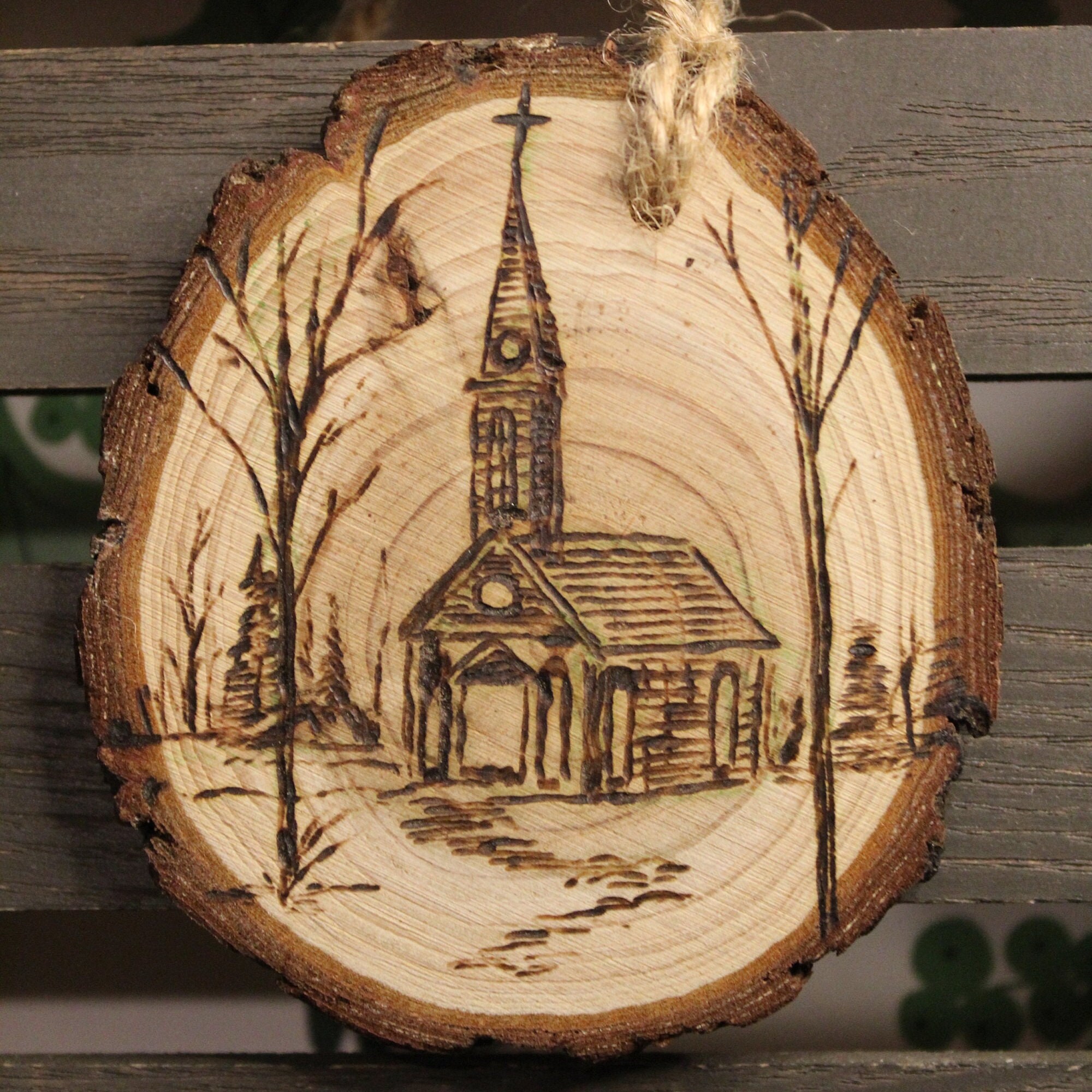 Custom Wood Burned Ornament Rustic Bark Wood Circle Natural Sketch Art ...