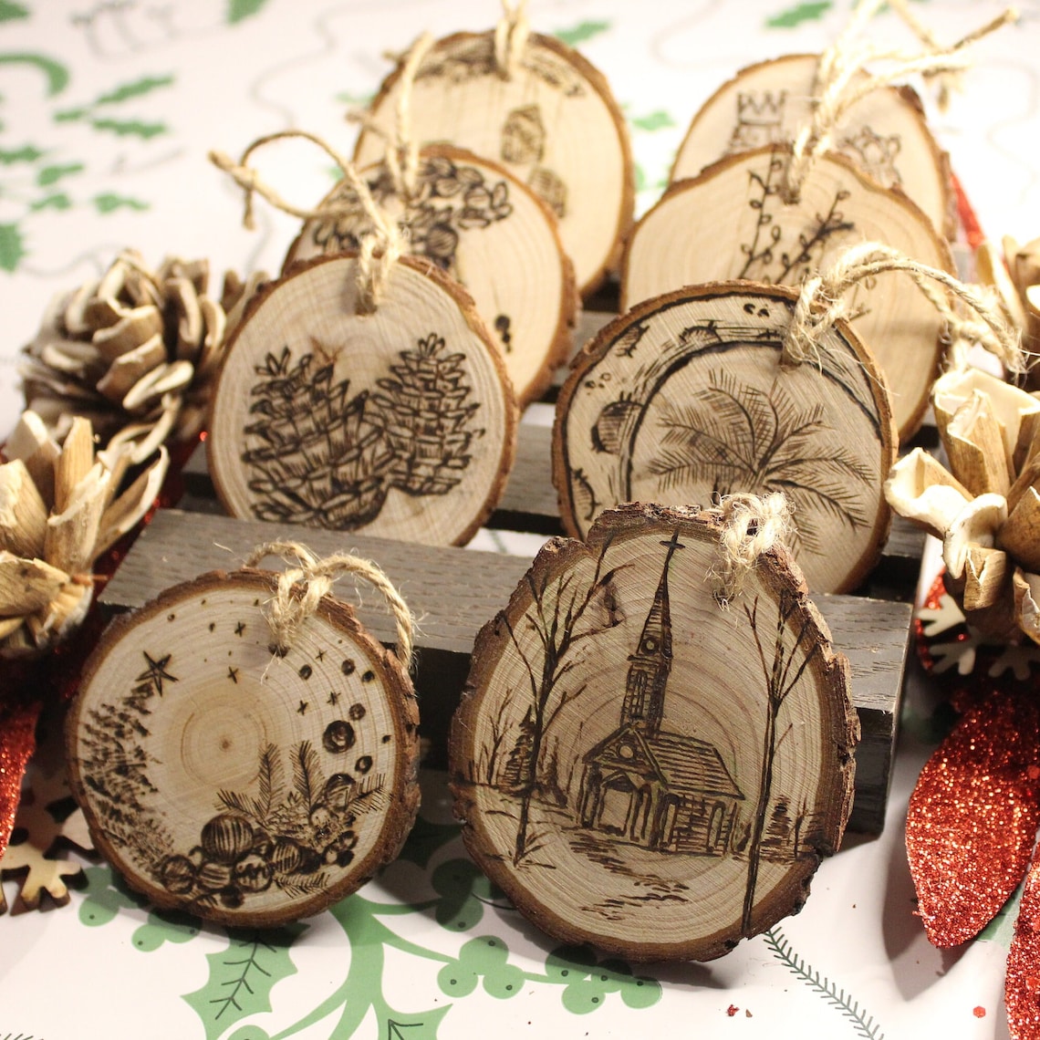 Custom Wood Burned Ornament Rustic Bark Wood Circle - Etsy