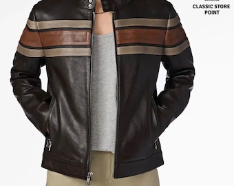 Giacca in pelle marrone scuro a righe da uomo