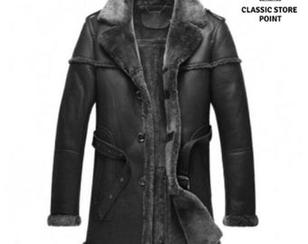 Cappotto invernale da uomo in pelle di pecora nera / rifiniture in pelliccia sintetica