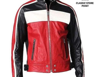 Giacca da motociclista in pelle da uomo, stile Street Racer, con strisce rosse e bianche, stile retrò, nera