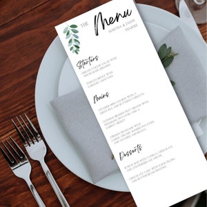 Eucalyptus Minimalistic Wedding Menu, Digital Menu, DIY Wedding Menu, Downloadable Menu, Printable Menu, Canva