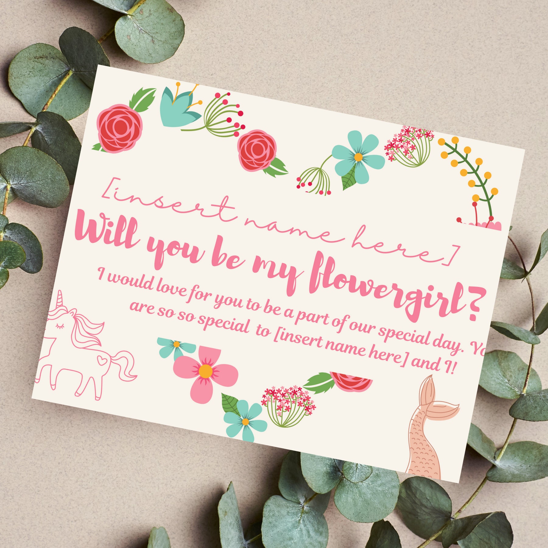 Flower Girl Proposal Card, Pink Flower Girl Card, Mermaid and Unicorn