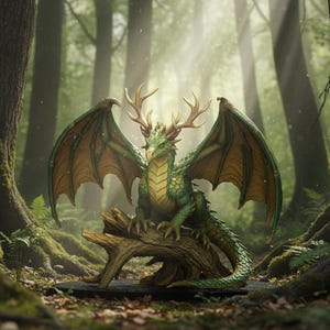 Könnte beinhalten: Eine grüne Drachenskulptur mit geweihartigen Hörnern und großen, braun umrandeten Flügeln, die auf einem verwitterten Baumstamm sitzt. Der Drache ist vor dem Hintergrund eines üppigen, sonnenbeschienenen Waldes platziert und schafft ein Fantasy-Thema.