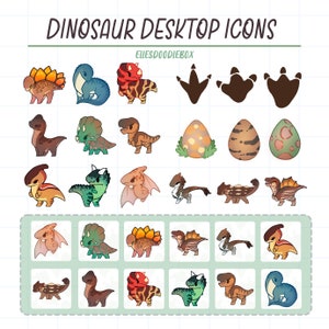 Puede incluir: Un conjunto de 20 iconos de escritorio de dinosaurios coloridos que representan diferentes especies, incluyendo un estegosaurio, un triceratops y un velociraptor. Los iconos también incluyen huellas de dinosaurios y huevos.