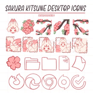 May include: A set of digital desktop icons featuring a pink and white fox with multiple tails, cherry blossoms, and folders. The icons are designed in a cute, cartoon style. The text "ELLESDOODLEBOX" is visible in the top center of the image.