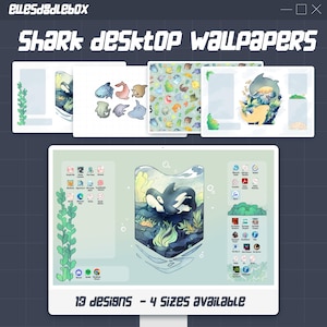 May include: A computer screen displaying a desktop wallpaper with a cartoon illustration of a shark swimming in the ocean. The wallpaper is surrounded by other smaller images of sharks and other sea creatures. The text "Shark desktop wallpapers" is displayed at the top of the screen.