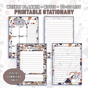 May include: Printable stationery set featuring a weekly planner, to-do list, and lined note paper. The design features a repeating pattern of cartoon mice and other small animals in brown, white, and gray tones.