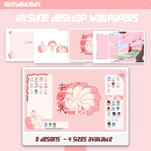 Windows e Mac | Conjunto de papel de parede com tema de Kitsune Rosa | Organizador de mesa fofo