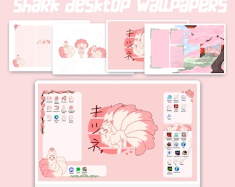 Windows and Mac | Pink Kitsune Themed Desktop Background Wallpaper Set | Cute Desktop Organizer