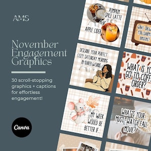 Könnte beinhalten: Eine Sammlung von Social-Media-Grafiken mit herbstlichen Themen. Die Grafiken enthalten Texte wie "Pumpkin Spice Latte oder Apfelwein", "Beschreibe deinen perfekten gemütlichen Samstagmorgen in drei Worten" und "Was ist dein Must-Watch-Herbstfilm?". Das Canva-Logo ist sichtbar.