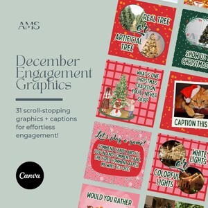 Puede incluir: Un conjunto de gráficos para redes sociales con temática navideña con texto como "Árbol real o artificial" y "¿Cuál es una tradición navideña que nunca te saltarás?" Diseñado para la participación.