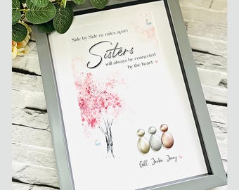 Lámina artística personalizada para hermanas con diseño de guijarros: regalo hecho a mano para hermanas, marco de fotos para hermanas.