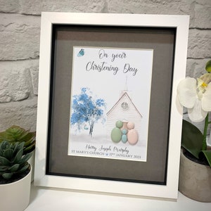 Personalised Christening Pebble Picture Framed Pebble Pebble Art Christening Gifts Christening Gift for a Girl Christening Gift for a Boy