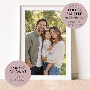 May include: A rectangular white picture frame containing a photograph of a family of three standing outdoors. The frame includes text overlays stating YOUR PHOTO, PRINTED & FRAMED, OPTIONAL WORDING, and the dimensions 4x6, 5x7, A5, A4, A3.