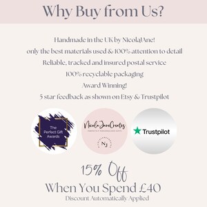 May include: A pink and white graphic with the text "Why Buy from Us?" and a list of reasons to buy from the seller, including handmade in the UK, best materials, reliable service, recyclable packaging, award winning, and 5 star feedback. The graphic also includes three logos: The Perfect Gift Awards, Nicola Jane Creates, and Trustpilot. The graphic also includes the text "15% Off When You Spend &pound;40".