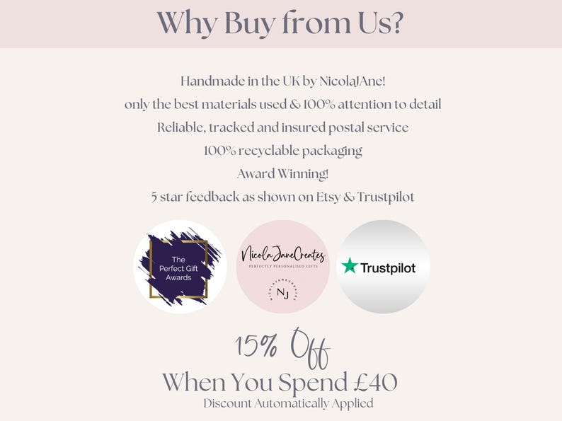 May include: A pink and white graphic with the text "Why Buy from Us?" and a list of reasons to buy from the seller, including handmade in the UK, best materials, reliable service, recyclable packaging, award winning, and 5 star feedback. The graphic also includes three logos: The Perfect Gift Awards, Nicola Jane Creates, and Trustpilot. The graphic also includes the text "15% Off When You Spend &pound;40".