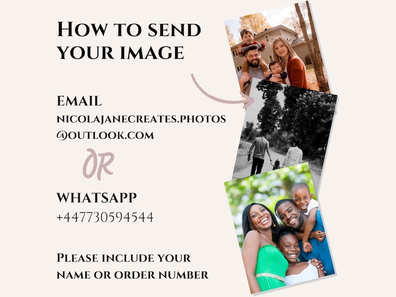 以下が含まれることがあります： 「HOW TO SEND YOUR IMAGE」というテキストが入った、明るいベージュ色のグラフィック。メールアドレスとWhatsApp番号が含まれています。背景にはいくつかの家族写真が表示されています。
