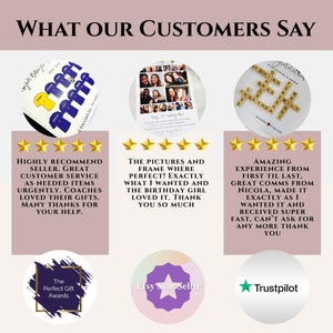 May include: A customer review graphic titled WHAT OUR CUSTOMERS SAY featuring three circular product photos, three five-star ratings, and written testimonials. Includes badges for The Perfect Gift Awards, Etsy Star Seller, and Trustpilot.