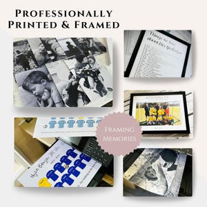 May include: A collection of professionally printed and framed photographs and documents. The display includes black and white family photos, a list titled Things we love about Mr. Dickinson, and a framed team photo of Kingshill F.C.