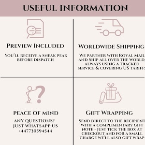 以下が含まれることがあります： 「USEFUL INFORMATION」というタイトルの情報グラフィック。 「PREVIEW INCLUDED」、「WORLDWIDE SHIPPING」、「PEACE OF MIND」、「GIFT WRAPPING」の4つのセクションに分かれています。 各セクションには短い説明とアイコンがあります。