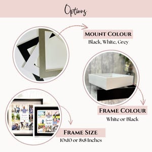 May include: A collage photo frame with a white or black frame and a white, black, or grey mount. The frame is available in two sizes: 10x10 inches or 8x8 inches.