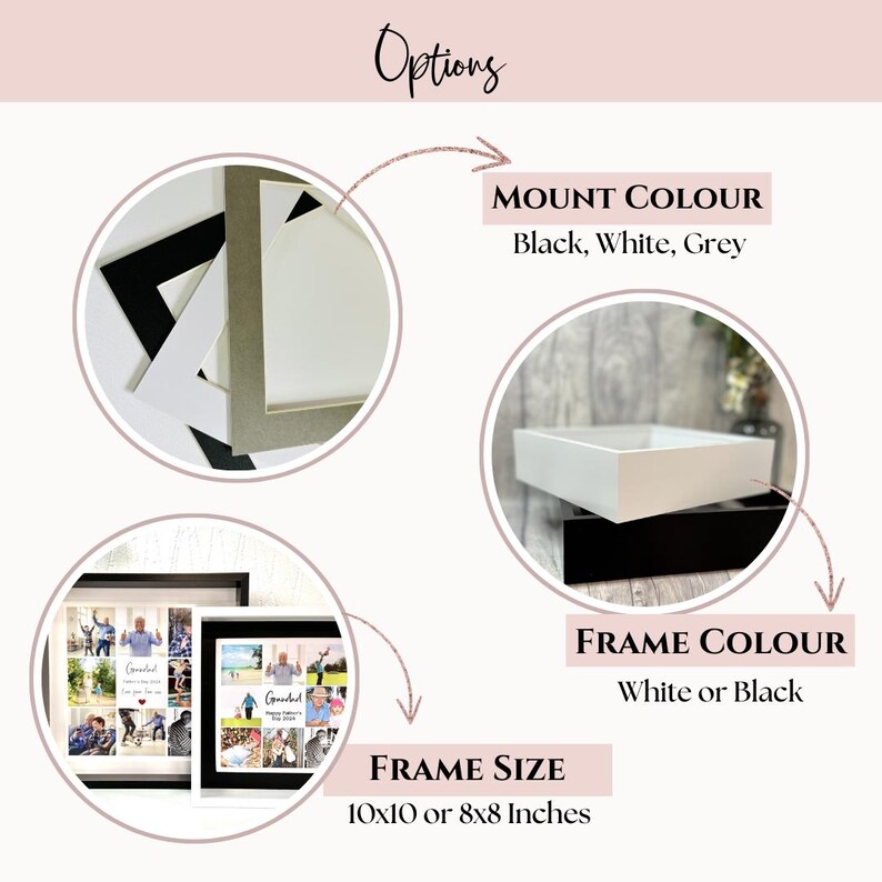May include: A collage photo frame with a white or black frame and a white, black, or grey mount. The frame is available in two sizes: 10x10 inches or 8x8 inches.
