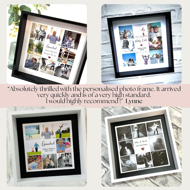 May include: A white picture frame with a black mat and a collage of photos inside. The photos are of a family and the frame is personalized with the text "Grandad" and "Happy Father's Day 2024".