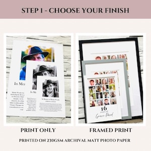 May include: A comparison guide titled STEP 1 - CHOOSE YOUR FINISH showing two options: PRINT ONLY featuring three memorial portraits with text, and FRAMED PRINT featuring three nested frames with photo collages and the text 16 years of Grace Pond.