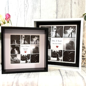 Può includere: Collage di foto in bianco e nero in una cornice nera con un cuore rosso e il testo "Kieran & Hannah One Year Down".