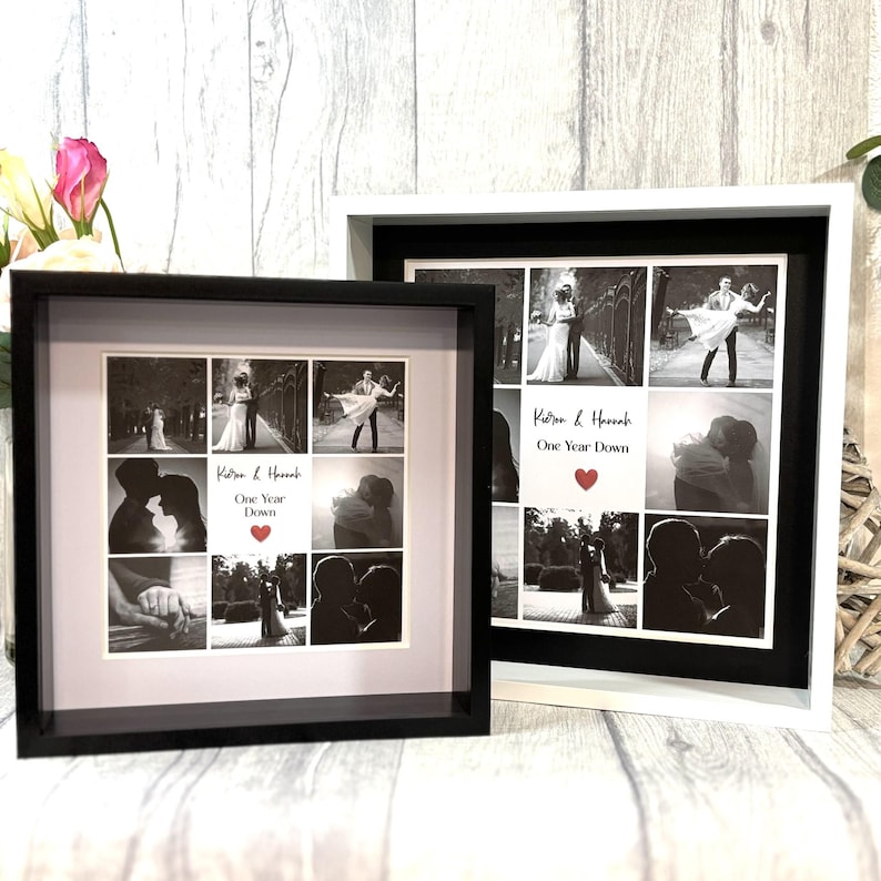 May include: Black and white photo collage in a black frame with a red heart and the text "Kieran & Hannah One Year Down".