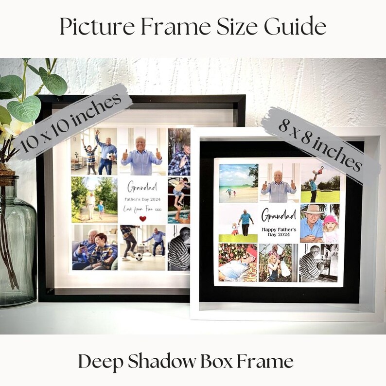May include: Two shadow box picture frames with collage photos. The larger frame is 10 inches by 10 inches and the smaller frame is 8 inches by 8 inches. Both frames are white with black mats and feature photos of a man with the text "Grandad" and "Happy Father's Day 2024".