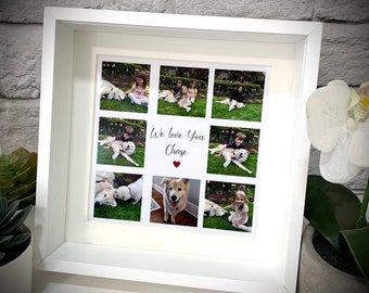 May include: White picture frame with a collage of photos of children and a dog. The photos are arranged in a grid pattern. The text "We love you Chase" is written in black cursive on a white background with a red heart.