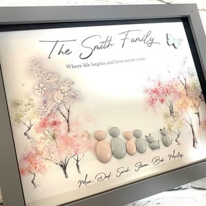 Gift for Family, Personalised Pebble Picture, Framed Family Pebble Art Picture for Mum Birthday Gifts for Her, Customised Christmas Gifts