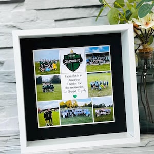 May include: A framed collage of photos featuring a soccer team, with the team's logo and the text "Good luck in America Thanks for the memories From Classified FC family".