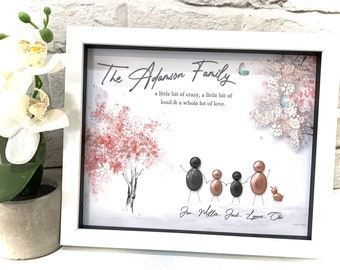 Árbol genealógico personalizado enmarcado con guijarros, regalo único para el Día de la Madre.