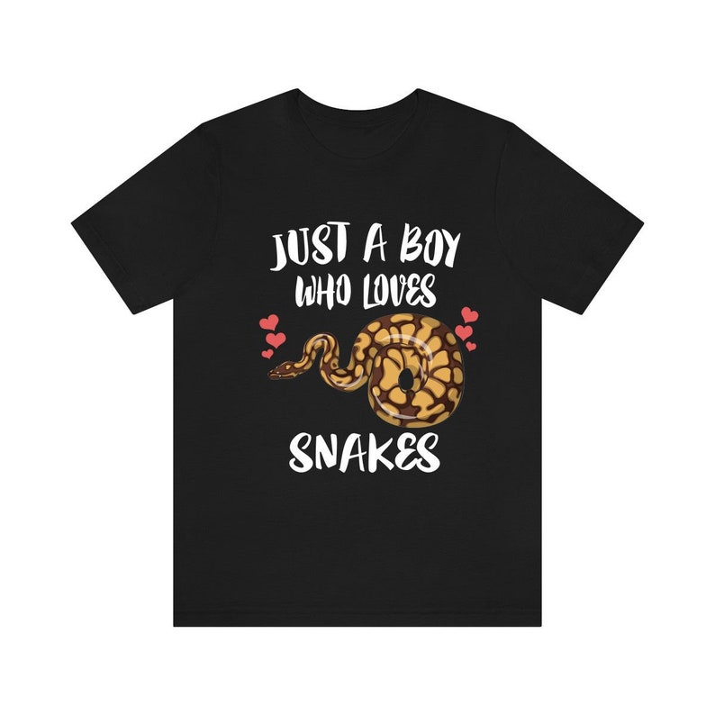 May include: Black t-shirt with white text that reads "Just a boy who loves snakes". A cartoon snake with brown and yellow scales is pictured with red hearts.